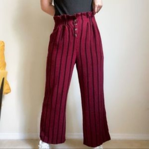 NWOT RESET Burgundy Black Stripe Linen Blend Paper Bag Wide Leg Pants - Picture 1 of 10